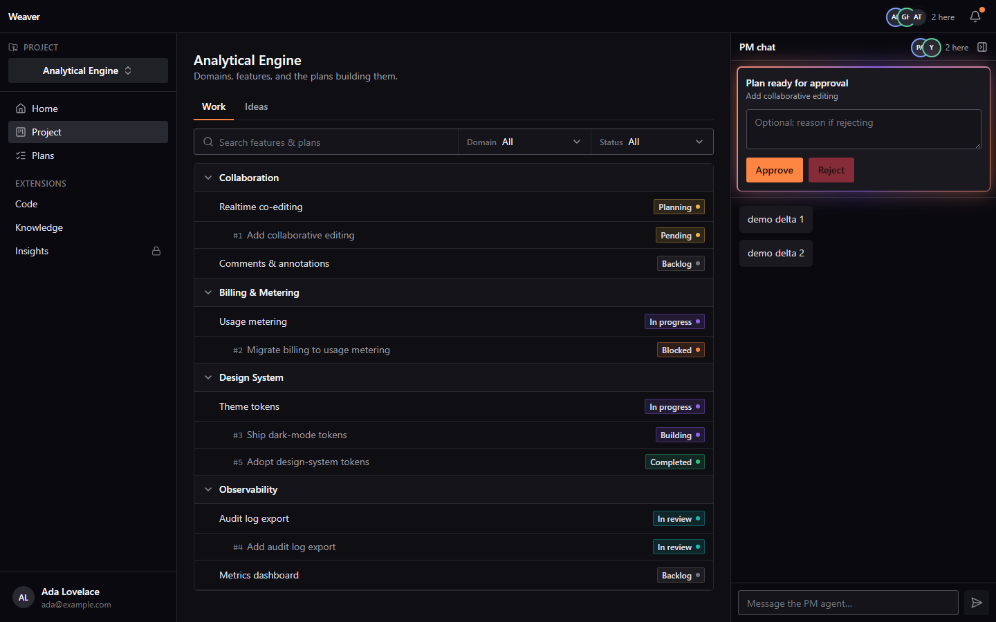 Weaver project board grouping features by domain with per-feature lifecycle statuses and a PM chat panel.